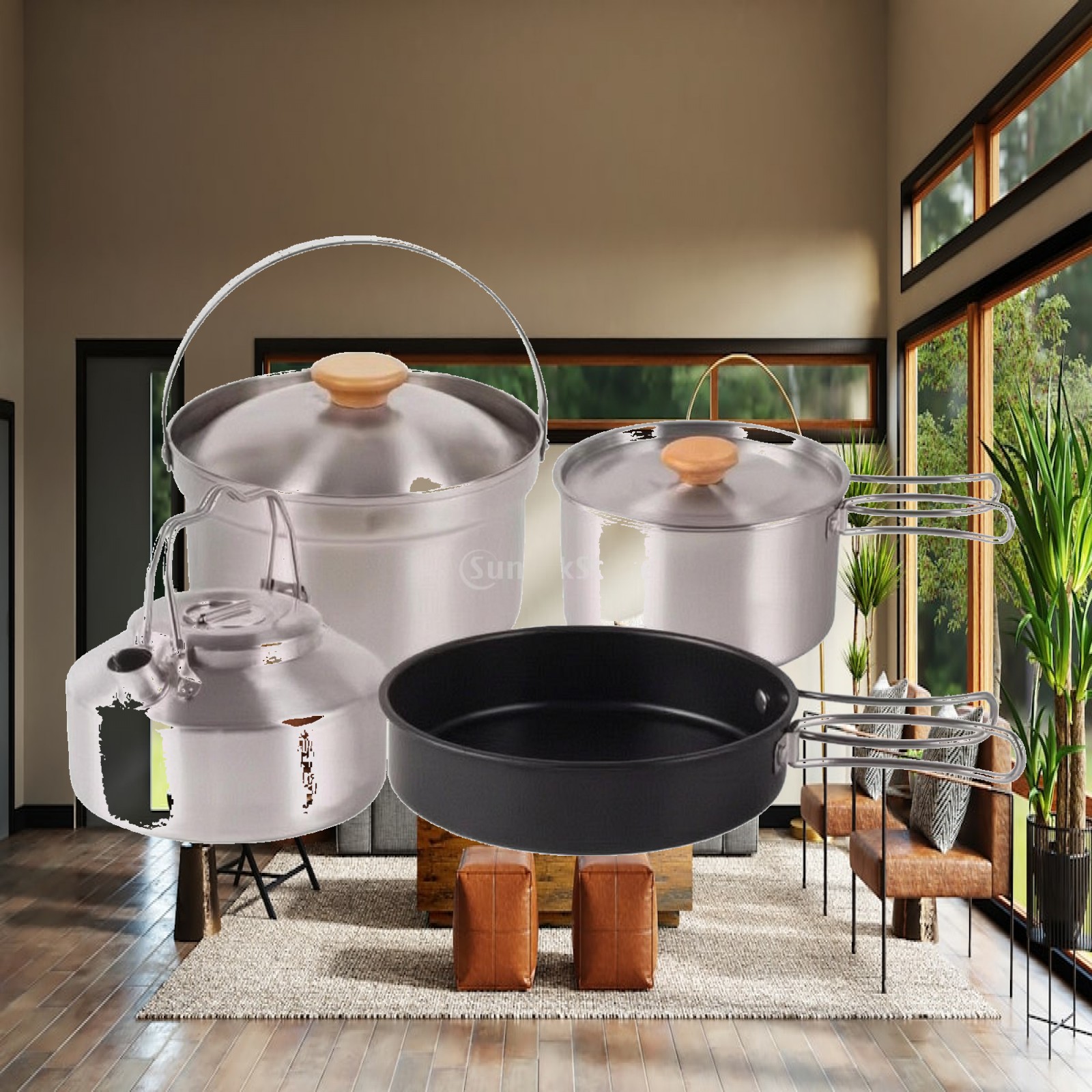 Camping Cooking Set With Kettle - 4-teiliges Camping-Kochset aus Edelstahl, stapelbares Camping-Kochgeschirr-Set