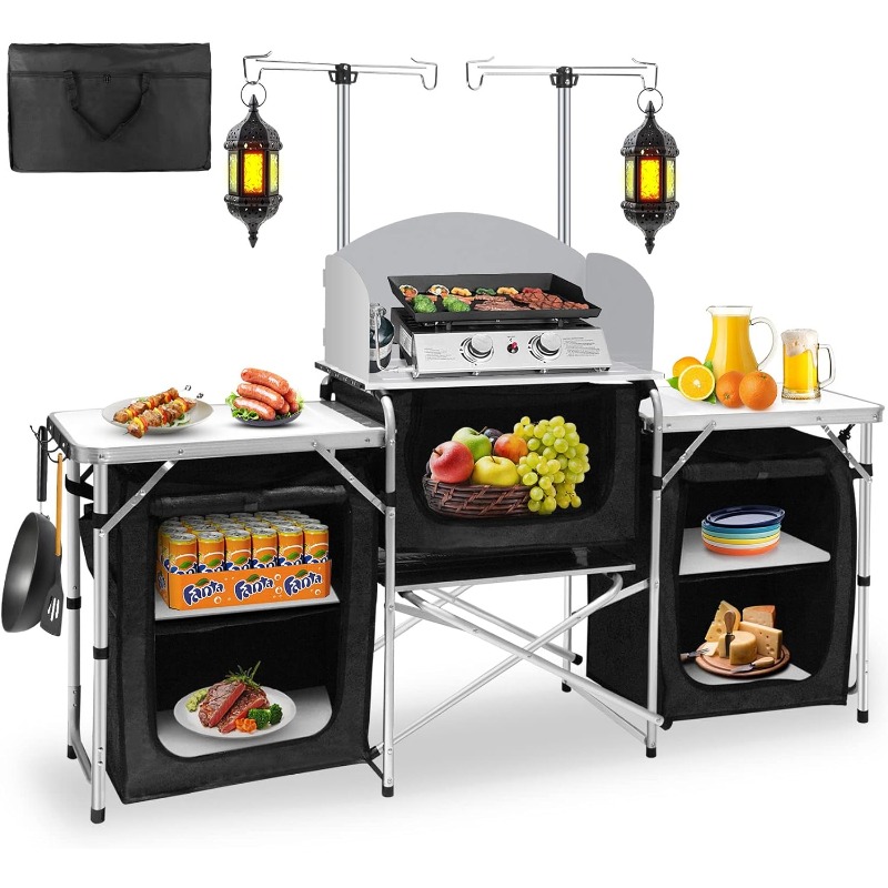 Camping Cooking Table With Storage - Meistverkaufte Outdoor-Camping-Mobilküche, tragbare, faltbare Outdoor-Kochstation, Camping-Küchentisch