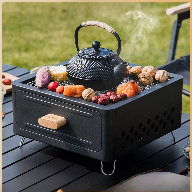 Camping With Cooking - Tragbarer Holzkohlegrill mit quadratischem Gehäuse, ideal