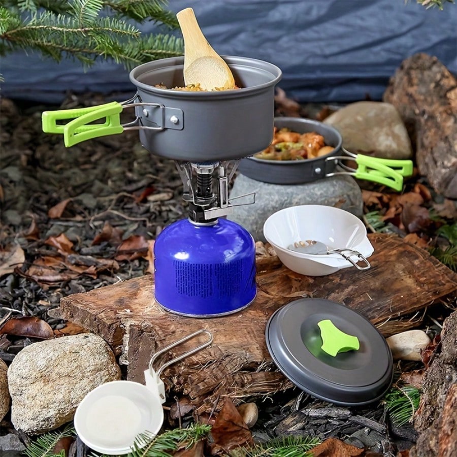 Camping Cooking Gear - Camping-Kochset: Tragbares Geschirr mit Aufbewahrungstasche &
