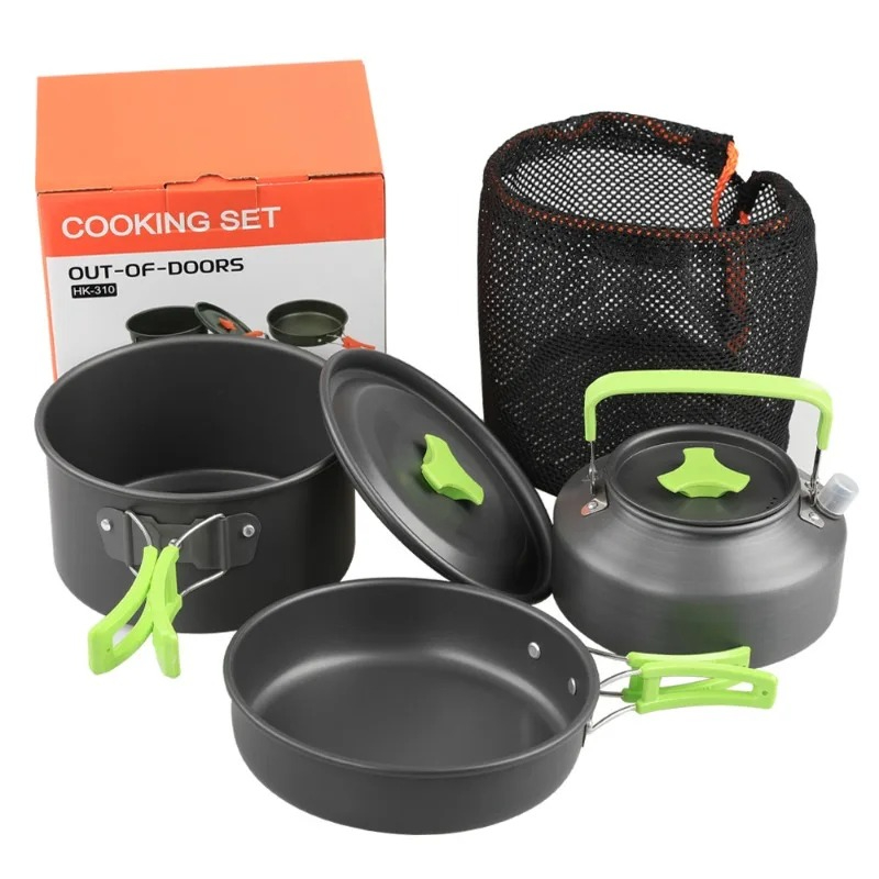 Camping Cooking Set With Kettle - Camping-Kochset, Outdoor-Küchenausrüstung, Tragbares Aluminium-Geschirr, Töpfe, Schüsseln,