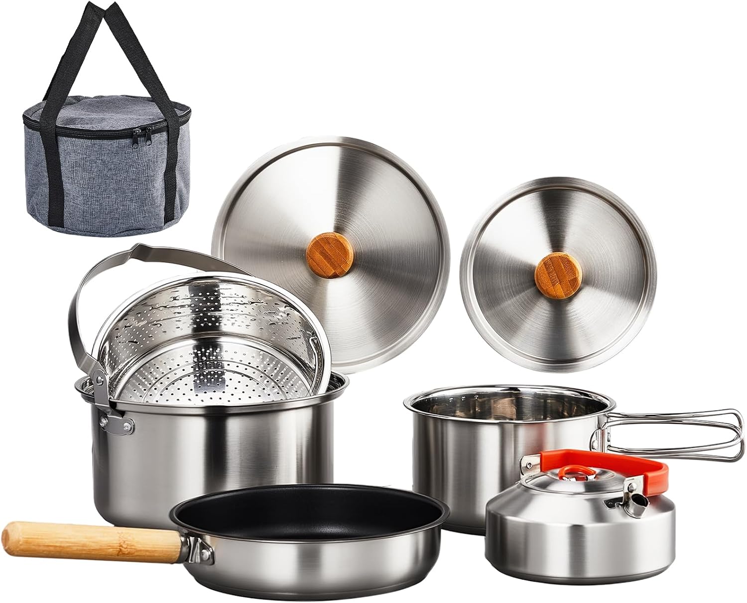 Camping Cooking Set With Kettle - 6-teiliges Kochgeschirr-Set, leichter Antihaft-Topf aus 304