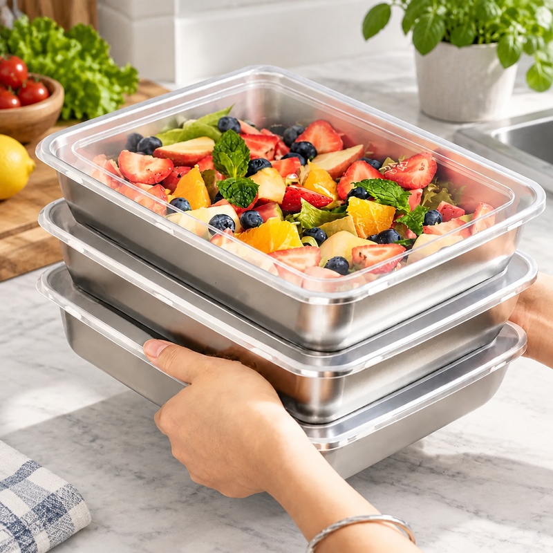 Camping With Cooking - 3-teilige Edelstahl-Lebensmittelbehälter mit transparenten Deckeln, auslaufsicheres