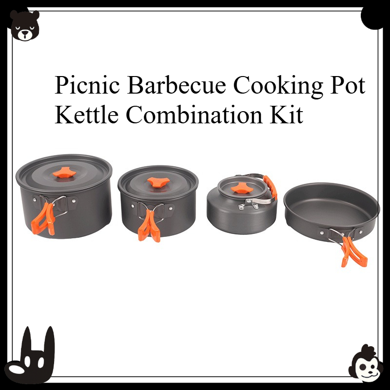 Camping Cooking Set With Kettle - Tragbares Outdoor-Kochgeschirr-Set 4-teilig Camping Picknick Grill