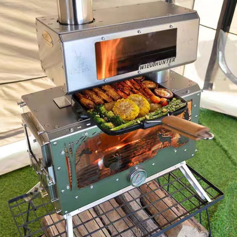 Camping With Cooking - Camping-Holzofen mit 2-Seiten-Feuerbeobachtung Heizofen mit Schornstein