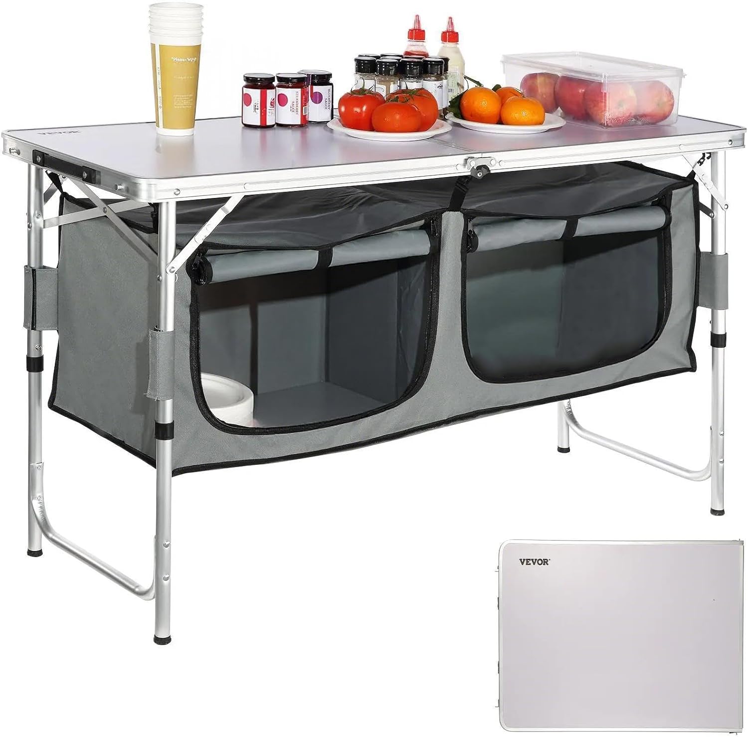 Camping Cooking Table With Storage - Camping-Küchenstation, 3-fach höhenverstellbarer klappbarer Outdoor-Kochtisch mit