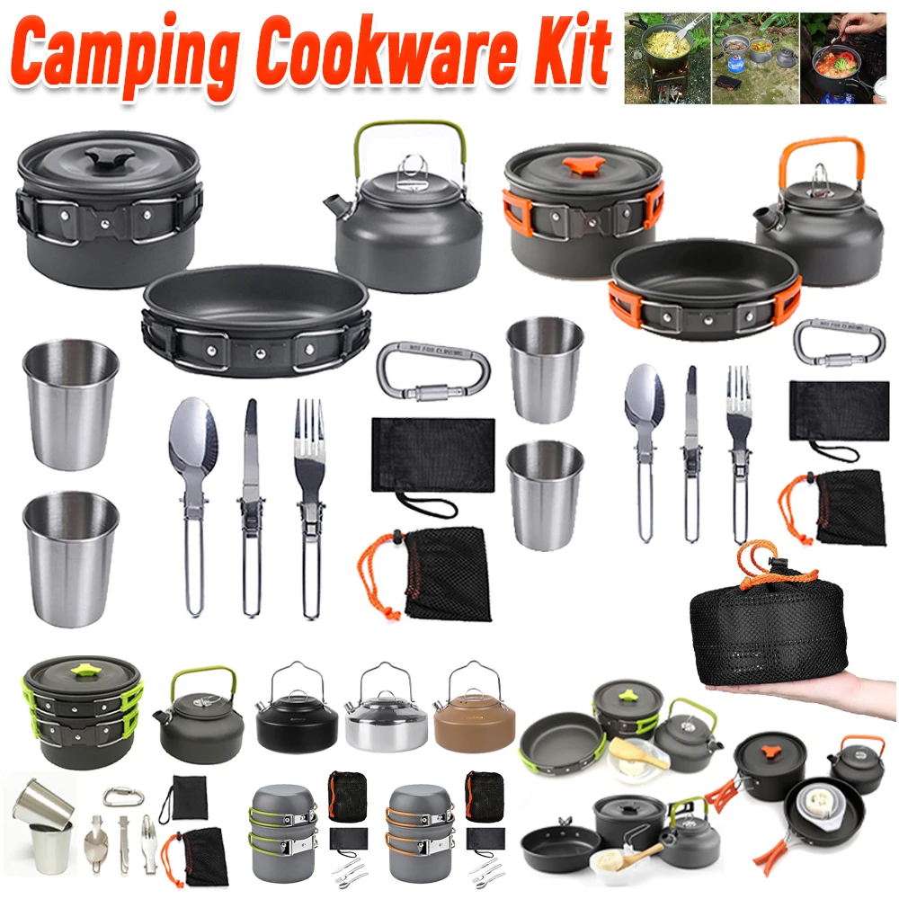 Camping Cooking Set With Kettle - Camping-Kochgeschirr-Set, Wasserkocher, Topf, Pfanne, Kochset, tragbar,