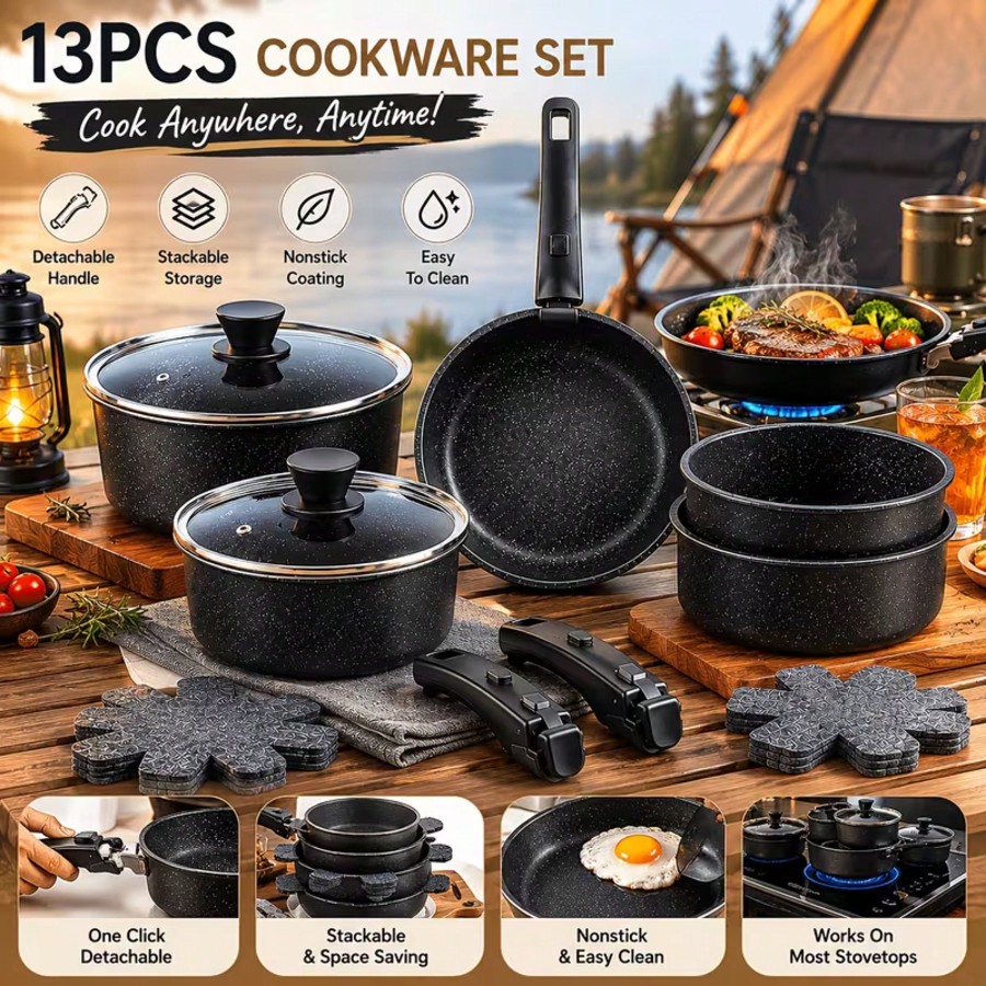 Camping Cooking Set Non Stick - Hochwertiges 13-teiliges Antihaft-Kochgeschirr-Set mit abnehmbaren Griffen,