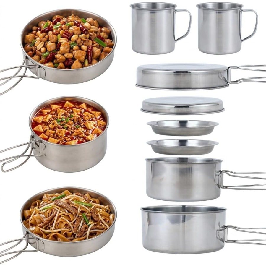 8-teiliges Set aus Edelstahl 3 – Camping Cooking Set With Kettle Bewertung und Preis